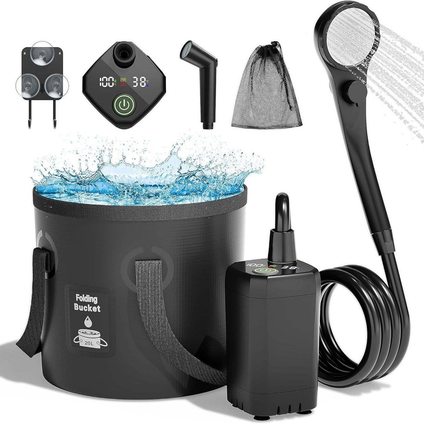 HydroTrek™ Portable Camping Shower Kit | Rechargeable Electric Pump & Shower Head & Container