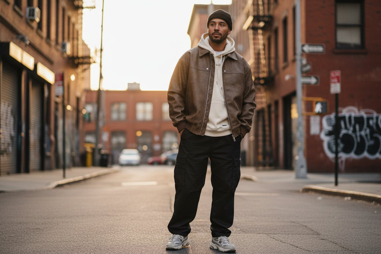 American Suede Fabric Jacket ReUrbanEdge™ Acid-Wash Faux Leather Bomber