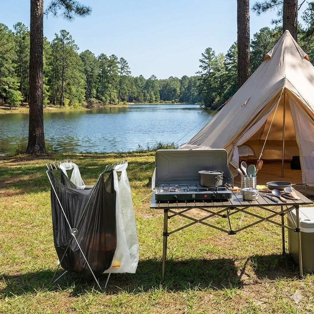 CampClean™ Foldable Trash Bag Stand | Portable Waste & Recycling Holder