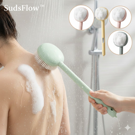 SudsFlow™ 2-in-1 Lathering Back Brush | Liquid Dispensing Scrubber