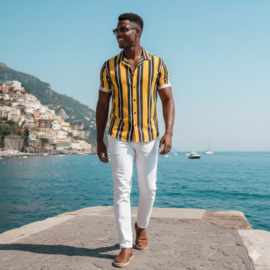 Riviera Bold™ Vertical Stripe Resort Shirt | Retro Short-Sleeve Button-Up