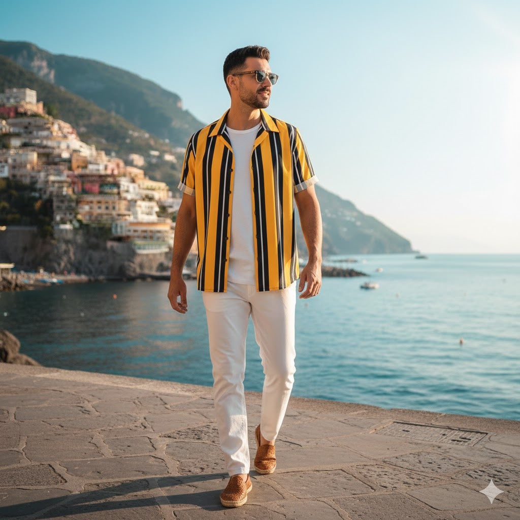 Riviera Bold™ Vertical Stripe Resort Shirt | Retro Short-Sleeve Button-Up