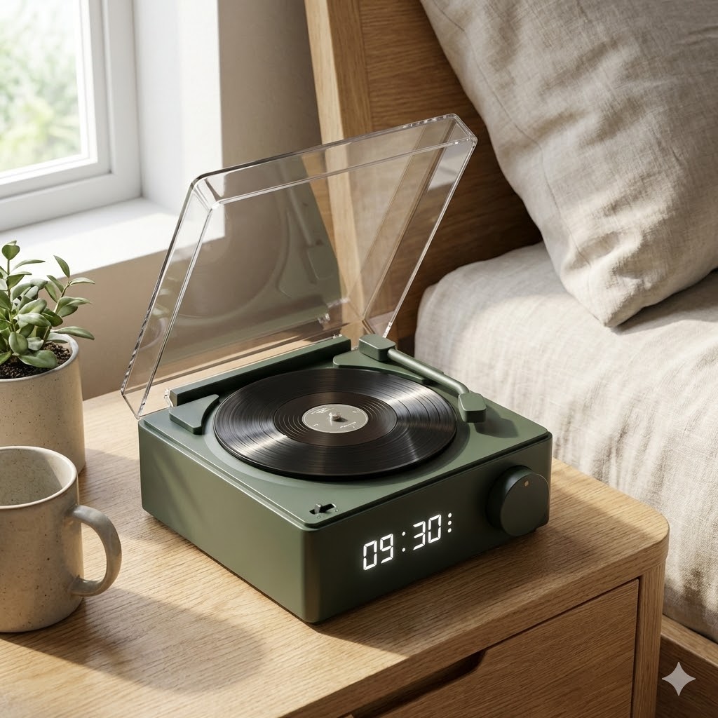 TimeTable™ Retro Vinyl Alarm Clock & Bluetooth Speaker | Matte Green Edition