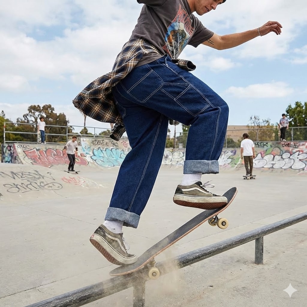 StreetStyle™ Wide Leg Contrast Stitch Denim Jeans | Baggy Skate Fit